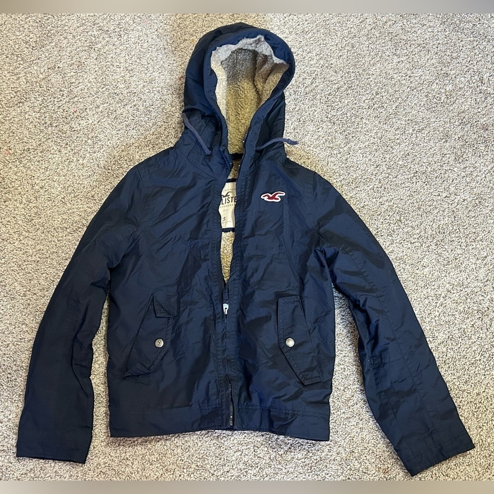 Y2K Hollister Dark Blue Jacket Hooded Sherpa Lined Women's Size Small Nylon Zip